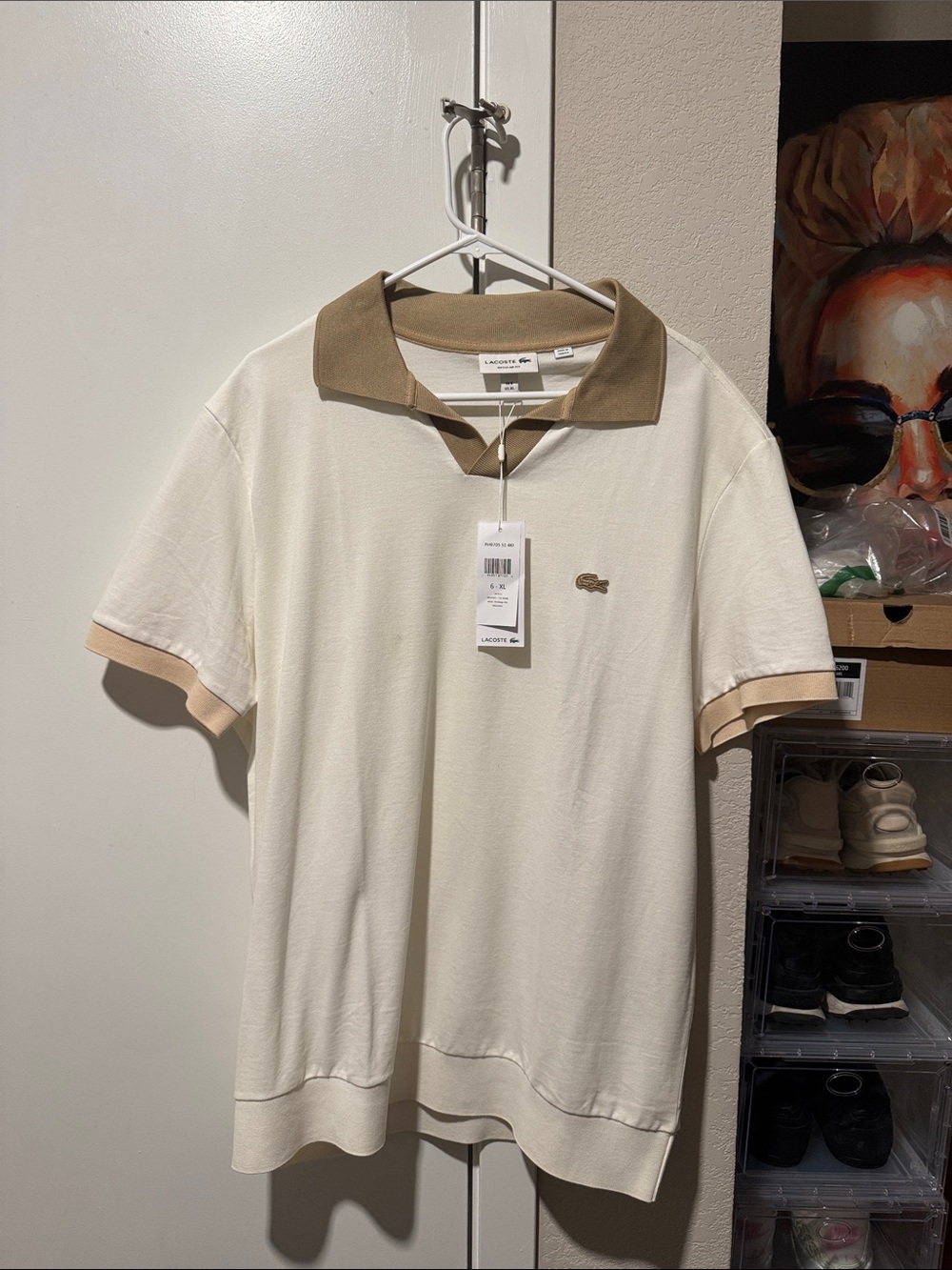 Lacoste Men’s Cream Polo with Tan Collar and Trim